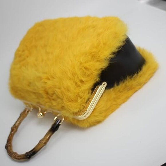 Neiman Marcus Curly Rabbit Fur Bamboo-Style Handle and Gold Kisslock Bag - Picture 5 of 6